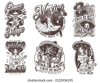 Mexican performers monochrome vintage emblems set with mariachi skeletons and women playing musical instruments, skeleton girl dancing to music of trumpeter, vector illustration