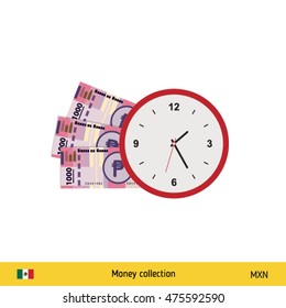 Mexican Peso banknote. Time is money concept vector illustration.