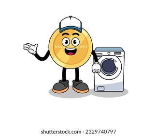 mexican peso illustration as a laundry man , character design