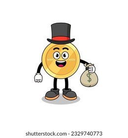 mexican peso mascot illustration rich man holding a money sack , character design