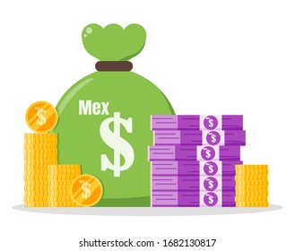 Mexican Peso Money Bundle and Coin Stack Sack Bag Vector Icon Logo & Design. Mexico Currency Business, Payment & Finance Element. Can be used for Web, Mobile, Infographic & Print.