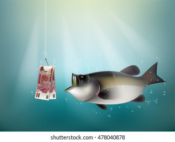 mexican peso money paper on fish hook, fishing using mexican peso money cash as bait, mexico investment risk concept idea