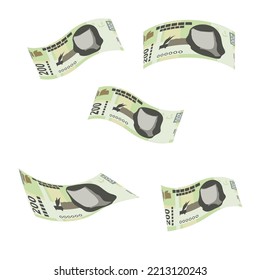 Mexican peso Vector Illustration. Mexico money set bundle banknotes. Falling, flying money 200 MXN. Flat style. Isolated on white background. Simple minimal design.