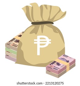 Mexican peso Vector Illustration. Mexico money set bundle banknotes. Money bag 50, 100, 200, 500, 1000 MXN. Flat style. Isolated on white background. Simple minimal design.