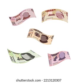 Mexican peso Vector Illustration. Mexico money set bundle banknotes. Falling, flying money 50, 100, 200, 500, 1000 MXN. Flat style. Isolated on white background. Simple minimal design.