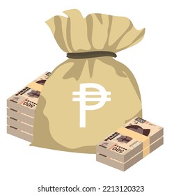 Mexican peso Vector Illustration. Mexico money set bundle banknotes. Money bag 500 MXN. Flat style. Isolated on white background. Simple minimal design.