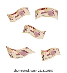 Mexican peso Vector Illustration. Mexico money set bundle banknotes. Falling, flying money 100 MXN. Flat style. Isolated on white background. Simple minimal design.