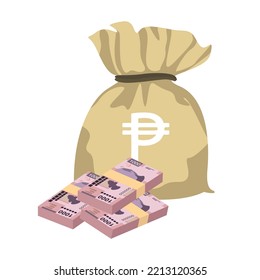Mexican peso Vector Illustration. Mexico money set bundle banknotes. Money bag 1000 MXN. Flat style. Isolated on white background. Simple minimal design.