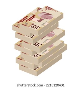 Mexican peso Vector Illustration. Mexico money set bundle banknotes. Paper money 100 MXN. Flat style. Isolated on white background. Simple minimal design.