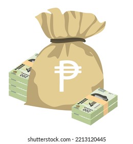 Mexican peso Vector Illustration. Mexico money set bundle banknotes. Money bag 200 MXN. Flat style. Isolated on white background. Simple minimal design.