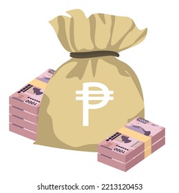 Mexican peso Vector Illustration. Mexico money set bundle banknotes. Money bag 1000 MXN. Flat style. Isolated on white background. Simple minimal design.