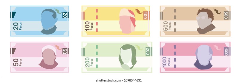 Mexican pesos, bills of 20, 50, 100, 200, 500. Billetes mexicanos, spanish text