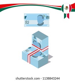 Mexican pesos, bills of $20. Billetes mexicanos, spanish text .Mexican Bills  3d