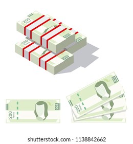 Mexican pesos, bills of $200. Billetes mexicanos, spanish text. Mexican bills 3d.