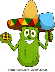 Mexican Pickle Cartoon Character Holding A Pickleball Ball And Paddle Racket. Vector Hand Drawn Illustration Isolated On Transparent Background
