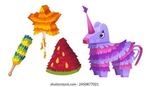 Piñata mexicana para niños fiesta de cumpleaños icono de Vector de dibujos animados. Festiva mexico juego con divertido caballo de papel y conjunto gráfico de caramelo. Unicornio, sandía y estrella de diseño artesanal colección a golpear