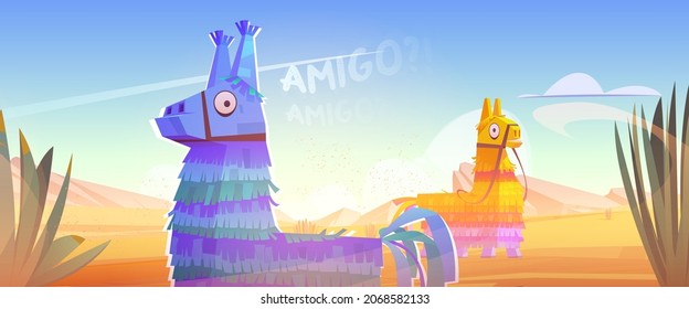 Mexican pinata donkey amigo at desert landscape with cacti, sand and rocks. Viva Mexico or cinco de mayo party, traditional Latin holiday or fiesta celebration symbols, Cartoon vector illustration