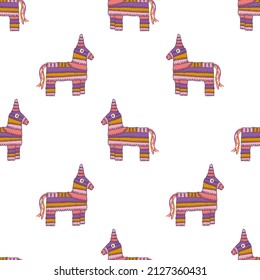 Mechón Pinata mexicano en estilo plano dibujado a mano sobre fondo blanco, patrón vectorial sin fisuras.