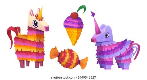 Icono del juego de la pinata mexicana para el Vector de la fiesta de cumpleaños. Carnaval de México juego de dulces para vacaciones. Conjunto de regalo de papel tradicional de helado y unicornio aislado. Juguetes artesanales del festival con la colección de los dulces