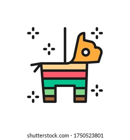 Mexican pinata horse with confetti and candy flat color line icon.