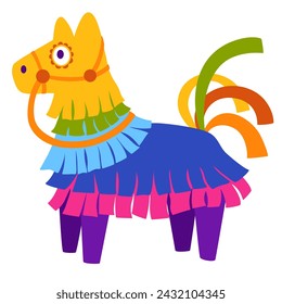 Mexican pinata horse or llama. Cinco de Mayo parade, Mexican fiesta. Colorful toys with treats for child birthday, party celebration, carnival, fiesta, cute animals paper containers for candies.