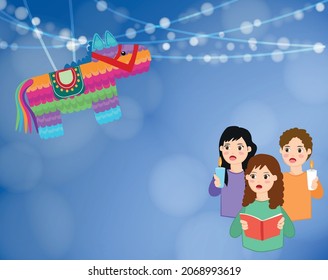 Mexican pinata party hanging on blue background, Mexican pinata used in traditional Christmas posadas party, donkey-shaped figure, family fun, birthday, Christmas, party, party songs, Christmas carols