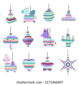 Mexican pinata. Mexican star paper game for party celebration, colorful llama and different shape pinatas vector set. Illustration of traditional game celebration mexico party