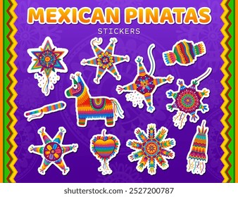 Adesivos de pinata mexicana para festas de férias com padrões de ornamento latino, ícones vetoriais. Cartoon adesivos mexicanos de pinata Lama, estrela e coração para festa de aniversário e comemoração de feriado do México