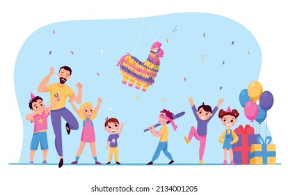 Mexican Pinatas Colored Concept Six Children And One Adult Play A Game Blindfolded And Try To Break A Pinata Horse Vector Illustration
