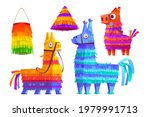 Mexican pinatas donkey and llama, colorful toys with treats for child birthday, party celebration, carnival or fiesta, cute animals paper containers for candies, Cartoon vector illustration, icons set