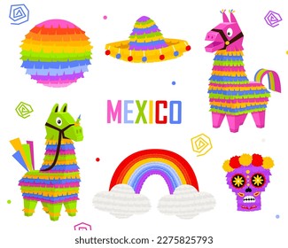 Mexican pinatas donkey and llama, colorful toys with treats. Mexican Party