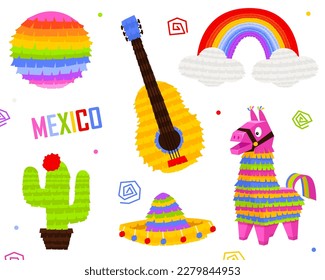 Mexican pinatas donkey and llama, colorful toys with treats. Mexican Party