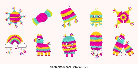 Mexican pinatas icons set. Donkey and llama, colorful toys with treats for child birthday, party celebration, carnival or fiesta, cute animals paper containers for candies. Cartoon vector illustration