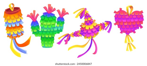 Mexican pinatas set isolated on white background. Vector cartoon illustration of colorful paper decoration for traditional birthday celebration, competition with sweets for kids fun and entertainment