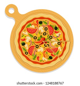 Mexican pizza with chilly, tomatoes, mushrooms and pepper on a wooden board. Cut piece of Mexican pizza flat single icon vector isolated on white