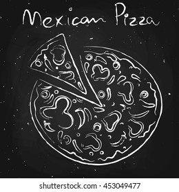 Mexican pizza, drawn in chalk on a blackboard