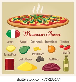 Mexican pizza ingredients. Cheese and corn grain, avocado and tomatoes vector illustration for culinary recipe or delivery