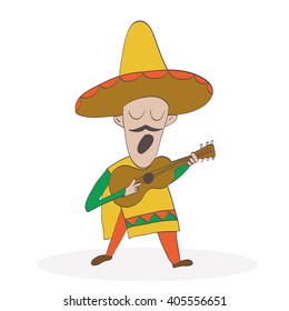 Mexican plays guitar and sings a song. Character. Singing. Music. Independence Day Of Mexico.Cinco de mayo.