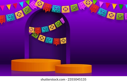 Mexican podium with papel picado flags. Vector 3d stages or display platforms for Day of the Dead or Dia De Los Muertos offerings. Mexico Halloween holiday podiums with skull and flower flags