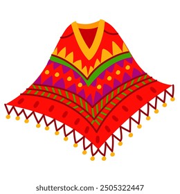 Mexican poncho on an isolated white background. Vector flat illustration of national Mexican clothing. Rectangular bedspread with a cut-out throat in bright colors and with pompoms. Thick fabric