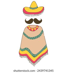 Mexican poncho and sombrero illustration isolated on a white background. Mexico, Mexican hat. Cinco de mayo concept icon.