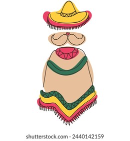 Mexican poncho and sombrero one line art illustration isolated on a white background. Mexico, Mexican hat. Cinco de mayo concept icon.