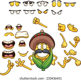 Mexican posable corn character ready for animation. Vector clip art illustration with simple gradients. Each element on a separate layer.