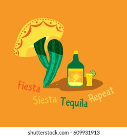 Mexican poster concept. Fancy cartoon style. Fiesta Siesta in Spanish festival rest. Bottle, shot glass of tequila, lime lemon. Cactus sombrero traditional symbol of Mexico. Vector element background