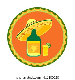 Mexican poster concept. Fancy cartoon style. Round decorative ornate frame. Bottle, shot glass of tequila, lime lemon. Sombrero traditional symbol of Mexico. Vector fiesta badge element background