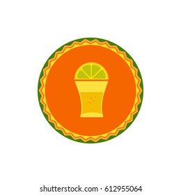 Mexican poster concept. Fancy flat style. Round decorative ornate frame. Shot glass tequila, lime lemon emblem. Traditional symbol of Mexico. Template for logo. Vector fiesta badge element background