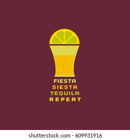 Mexican poster concept. Freehand drawn flat style. Fiesta Siesta in Spanish festival rest. Bottle, shot glass of tequila, lime lemon. Traditional symbol of Mexico. Vector element banner background