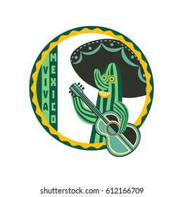 Mexican poster concept. Freehand drawn cartoon style. Viva Mexica fancy letters in round frame. Green Cactus cacti, guitar, sombrero traditional symbol of Mexico. Vector sign element badge background