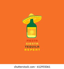 Mexican poster concept. Freehand drawn fancy cartoon style. Fiesta Siesta in Spanish festival rest. Bottle of tequila in sombrero. Traditional symbol of Mexico. Vector sign element banner background