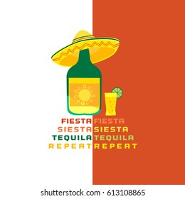 Mexican poster concept. Freehand drawn flat style. Fiesta Siesta in Spanish festival rest. Bottle of tequila in sombrero emblem. Traditional symbol of Mexico. Vector sign element banner background